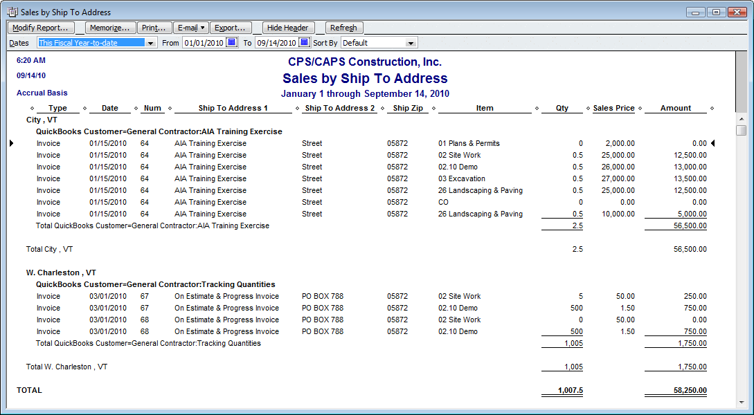QuickBooks 2011 - New Sales by Ship To Address Report ...